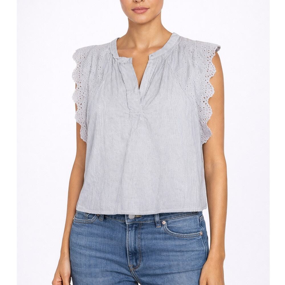 Vanessa Bruno Striped Eyelet Ruffle Sleeve V-Neck Blouse Blue Women's 4